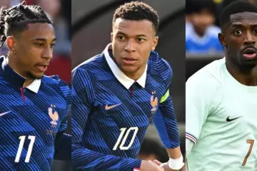 Michael Olise, Kylian Mbappé et Ousmane Dembélé lors de la tournée américaine des Bleus, en mars. (P. Lahalle/L'Équipe)